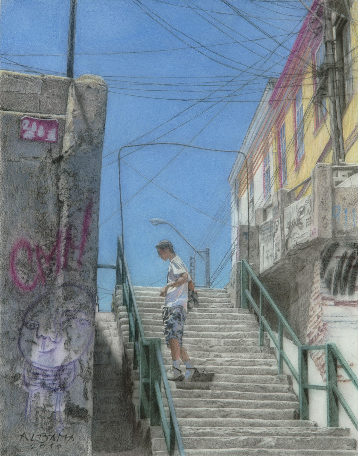 Valparaiso stairway / Charcoal and pastel drawing